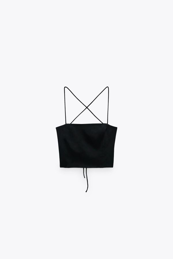 Black Satin Effect Crop Top - Image 2